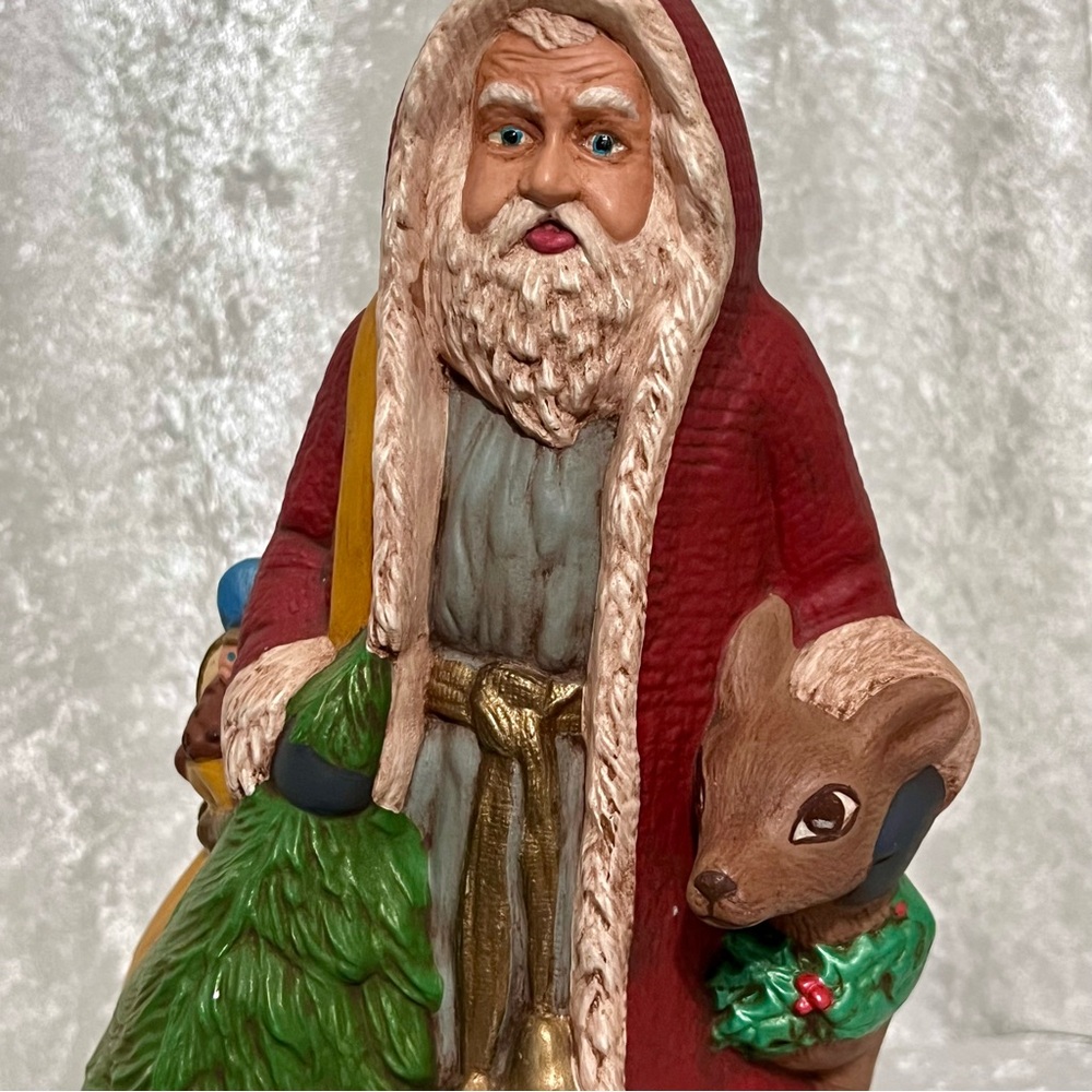 Vintage Ceramic Beautiful Hand Painted Old World Santa Claus w/Deer Signed/Dated - Picture 2 of 13